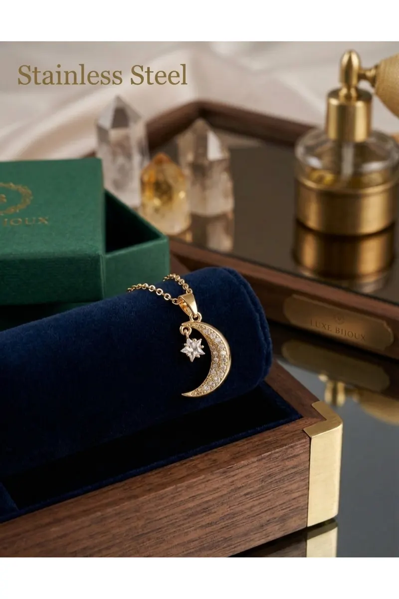 316L Gold Renk Çelik Zincir Zirkon Taşlı Sallantılı Ay Yıldız Kolye
