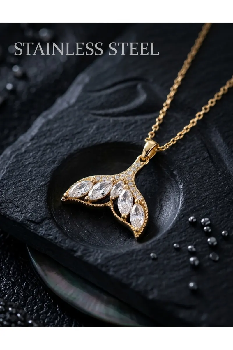 316L Gold Renk Çelik Zirkon Taşlı Balık Kuyruğu Model Kolye